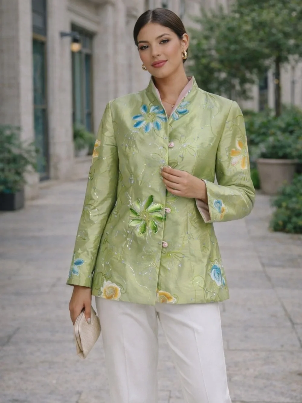 Art to wear Embroidered Floral Satin Jacket Beaded Mandarin Collar Pastel Green‎
